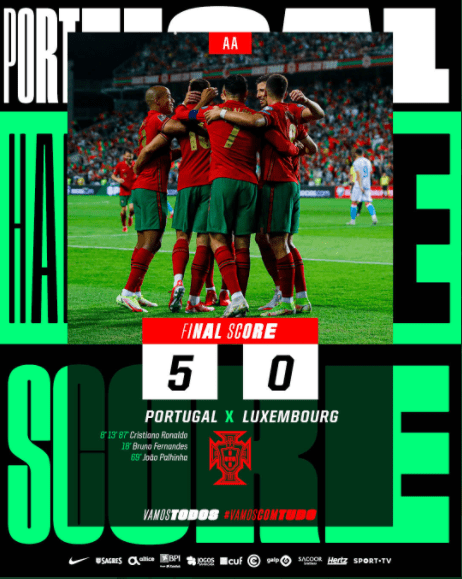Portugal vence a Seleção de Luxemburgo por 5 a 0. Na imagem, temos os jogadores comemorando um dos gols.