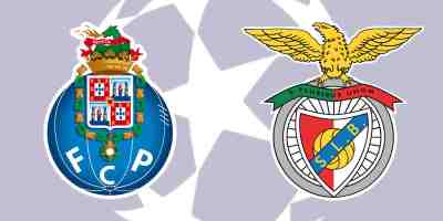 Escudo do Porto e do Benfica sobrepostos sobre a logo da Liga dos Campeões