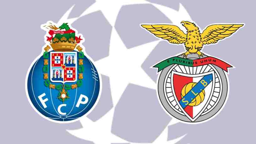 Escudo do Porto e do Benfica sobrepostos sobre a logo da Liga dos Campeões
